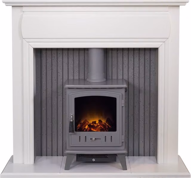 Adam Fires & Fireplaces Florence Stove Fireplace in Pure White with Aviemore Electric Stove in Grey Enamel, Width: 121.92 cm