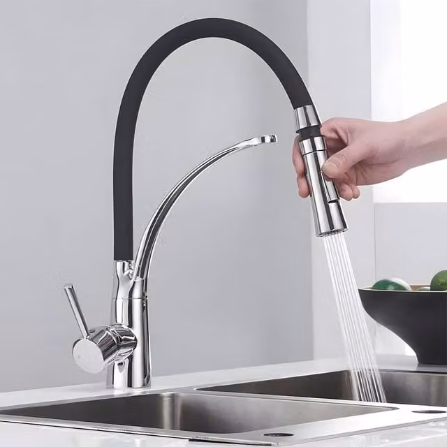 Heable Chrome Single Lever Kitchen Mixer Tap with Dual-Function Pull-Out Sprayer in Silver – 1
