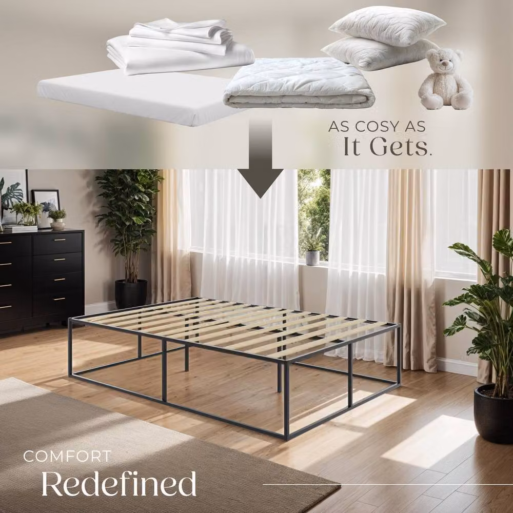 tectake Kyoto Double Bed Frame in Black with Wood Slats, W/D/H: 140 x 200 x 46.5 cm – 5