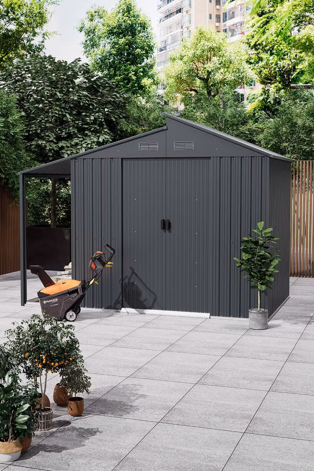 Living and Home Grey Galvanised Steel Outdoor Garden Storage Shed with Lean-to, W/D/H: 300 x 222 x 173 cm – 2