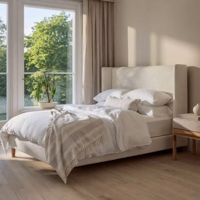 KDMD Balmer Boucle Upholstered Double Bed Frame in Ivory/Beige/White, W/D/H: 140 x 200 cm – 1