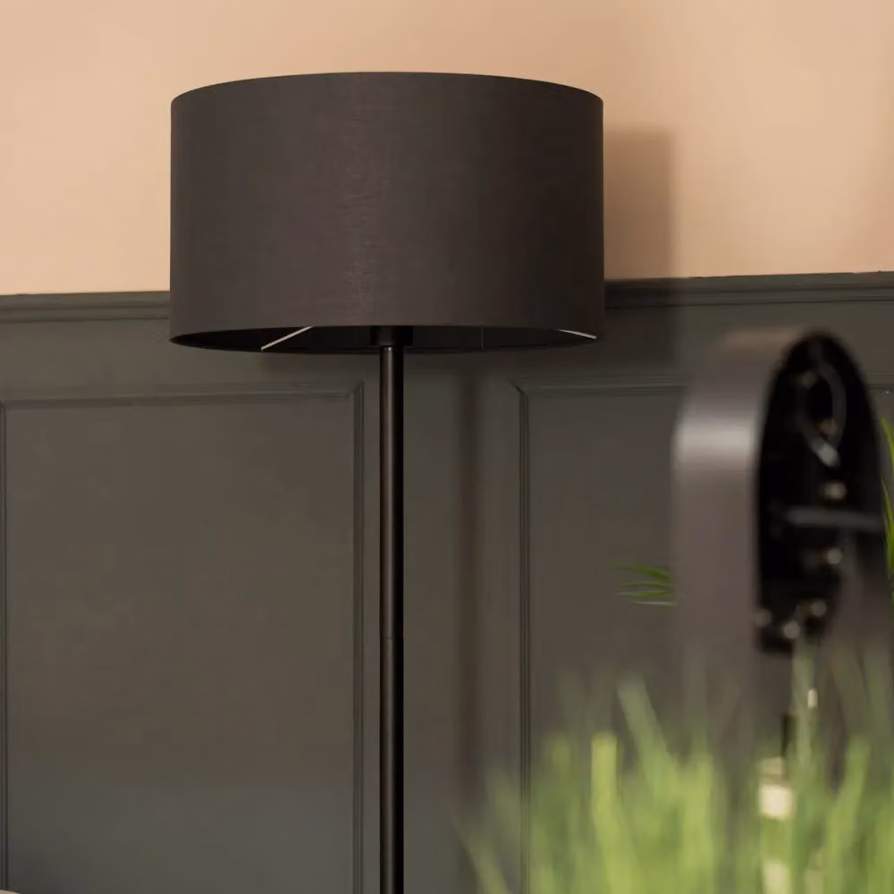 ValueLights Charlie Modern Black Floor Lamp with Grey Fabric Cylinder Shade – 3