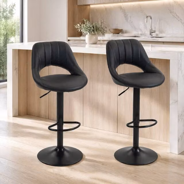 STILVORA Set of 2 Swivel Bar Stools in Black Faux Leather