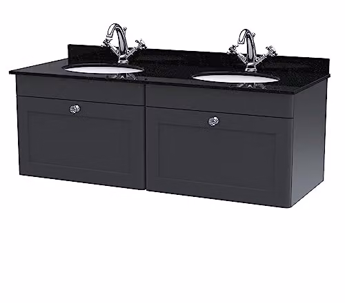 nuie Classique CLC1494BR2 Wall Hung 2 Drawer Unit and Round Basin with 1 Tap Hole Marble Top, Satin Anthracite and Soft Black
