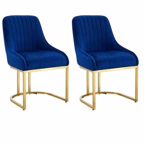 Hygrad Set of 2 Blue Velvet Armless Dining Chairs with Gold Metal Legs