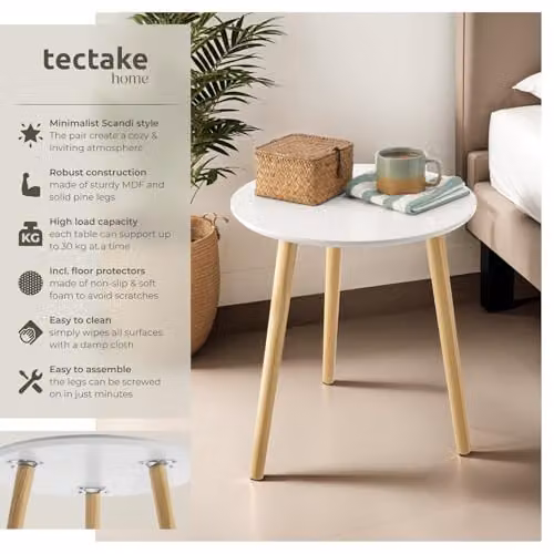 tectake 2-Piece Scandi Design Nesting Side Table Set with Solid Pine Wood Legs in White and Brown – 2