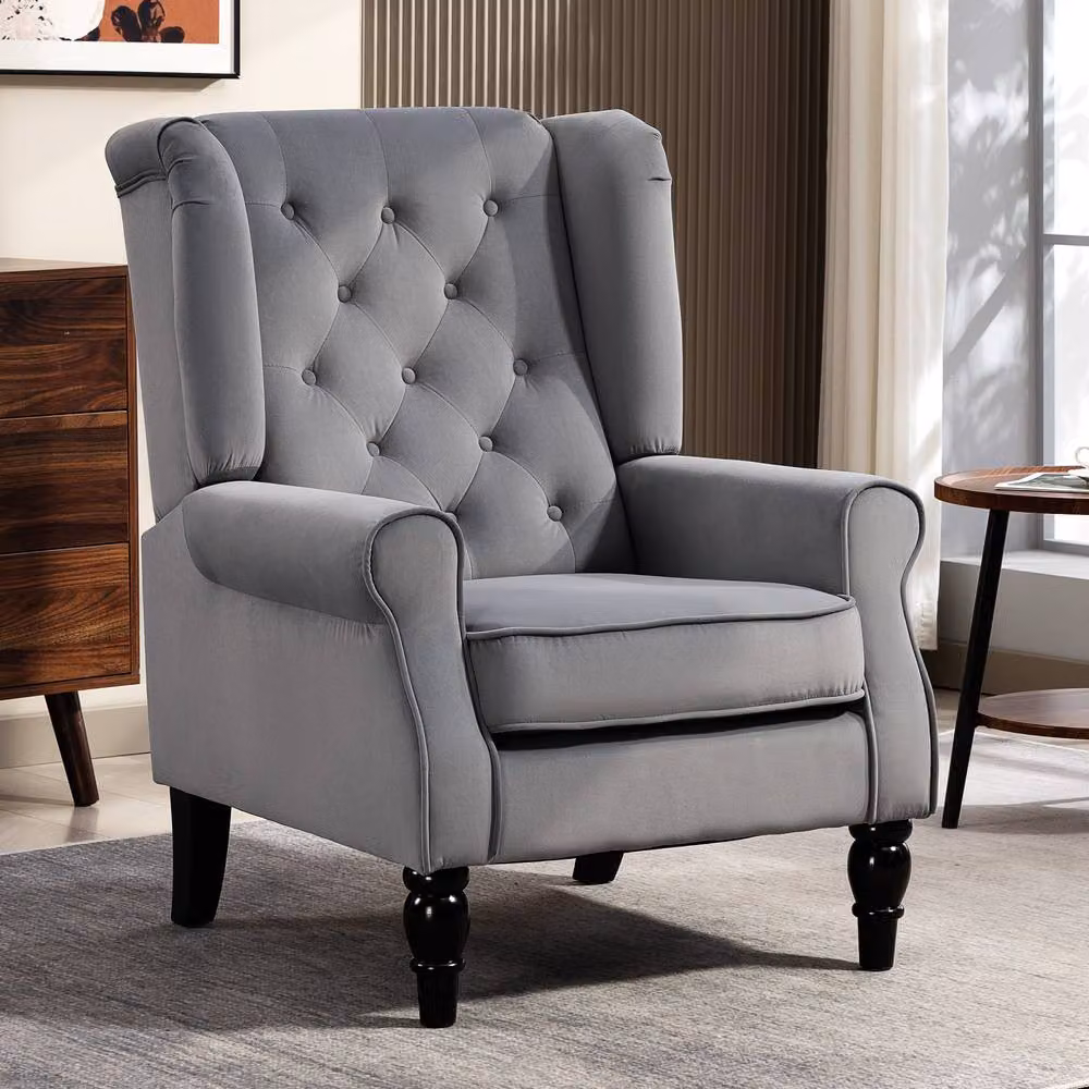 STILVORA Grey Velvet Wingback Lounge Chair with Solid Wood Frame – 3