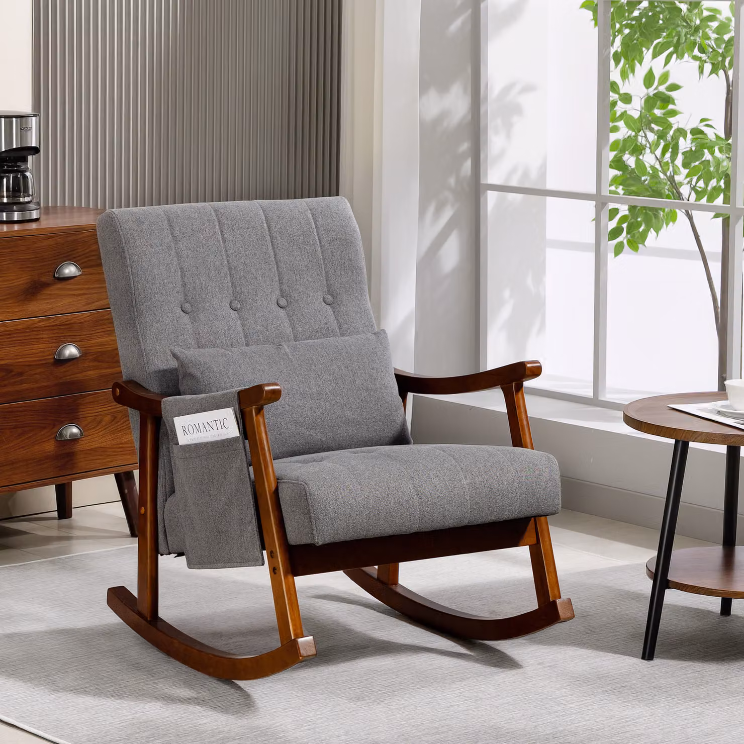 HOMCOM Mid-Century Rocking Accent Chair with Solid Rubberwood Frame and Grey Fabric Upholstery – 2