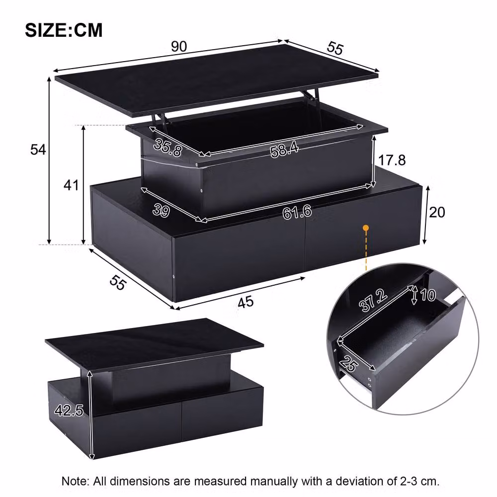 STILVORA Modern Black Glossy Coffee Table with Lift Top, 4 Drawers and Glass Panel Side – 2