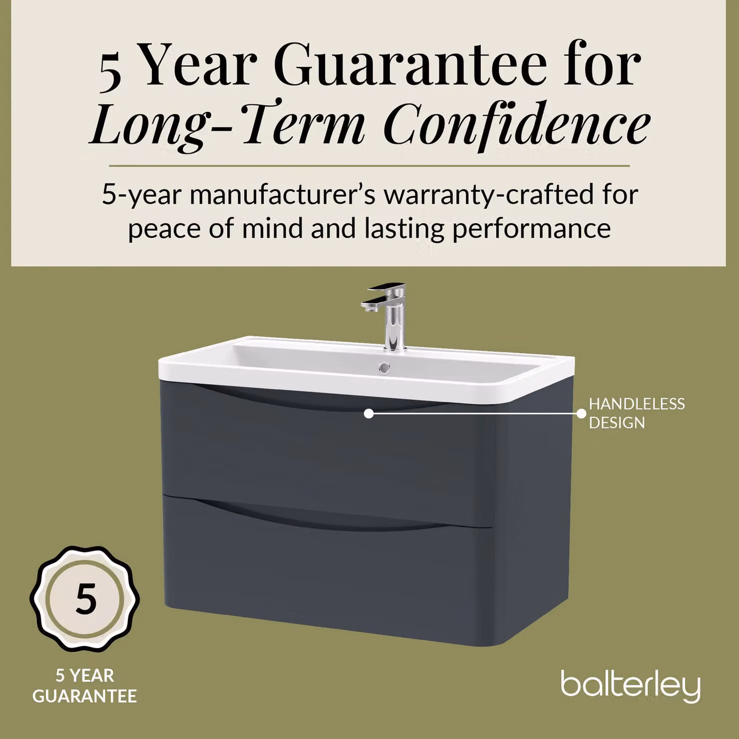 Balterley Wall Hung 2 Drawer Bathroom Vanity Unit and Basin, Dark Grey, Width: 75.5 cm – 4