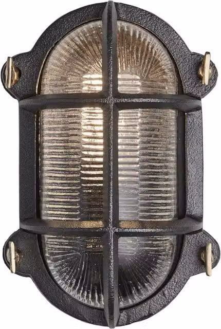 Industville Oval Bulkhead Wall Light for Outdoor and Bathroom Use, Black with Ribbed Glass, Diameter: 15.24 cm