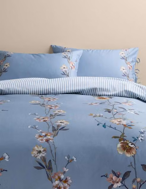 M&S Pure Cotton Mako Satin Trailing Blooms Floral Bedding Set in Blue Mix, W: 180 cm x L: 200 cm