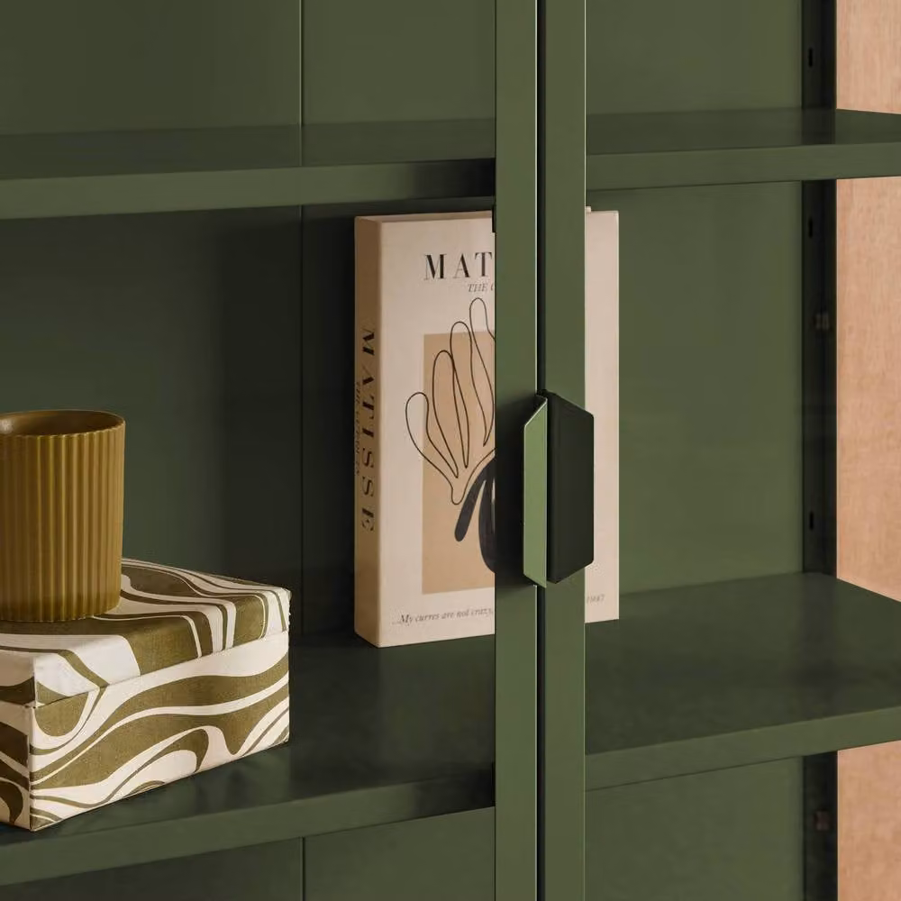 sweeek Industrial Sideboard and China Cabinet in Green with Steel and Tempered Glass and 2 Doors, W/D/H: 180 x 35 x 80 cm – 3