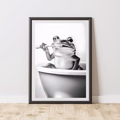 60 Second Makeover Frog Brushing Teeth Animal Print Paper Poster, W: 29.7 cm, H: 29.7 cm