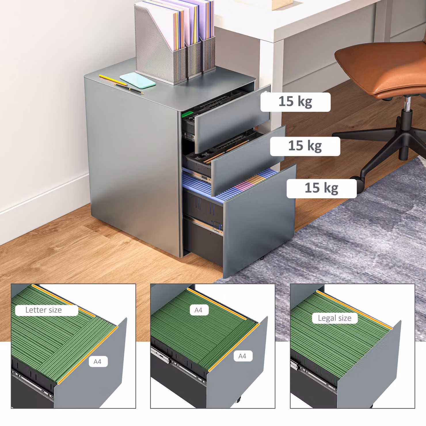 Vinsetto Lockable Rolling Filing Cabinet with 3 Drawers, Grey Metal Office Drawer Unit for A4, Letter and Legal Sized Files – 4