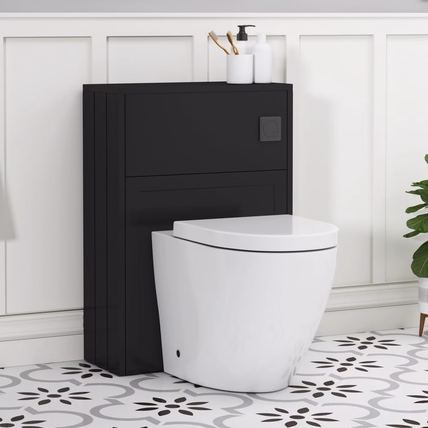 Royal Bathrooms Elmore Wall Mounted WC Unit in Matt Nocturne Black with Elva Rimless Ceramic Toilet Pan, Seat and Cistern, Width: 55 cm