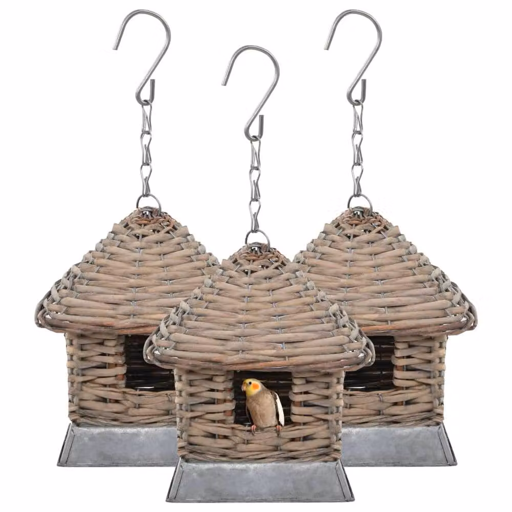 Berkfield Home Set of 3 Rustic Wicker Hanging Bird Houses in Brown – 2