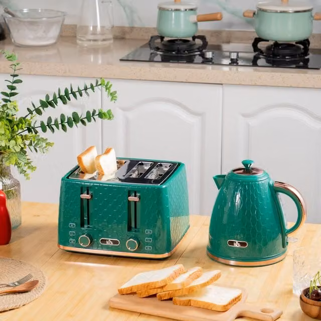 HOMCOM Green Kettle and Toaster Set with 1.7L Capacity and Crumb Tray