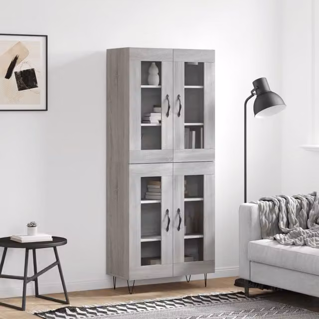 Berkfield Home Sonoma Grey Modern Highboard with Glass Doors, W/D/H: 69.5 x 34 x 180 cm
