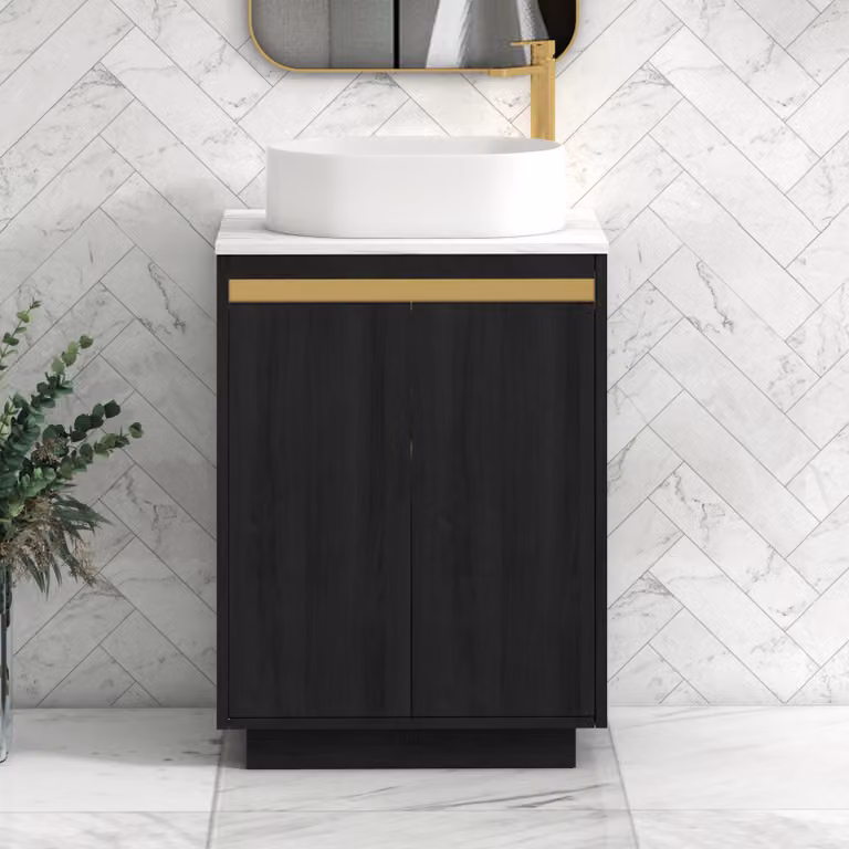 Royal Bathrooms Orion 800mm Hale Black Floor Standing Vanity Unit with Carrara White Countertop, Peak Basin and Brushed Brass Accent Trim
