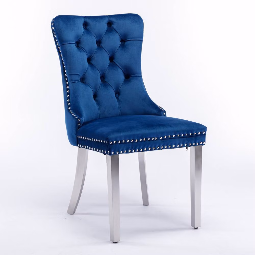 Modern Home Touch Winchester Set of 2 Blue Velvet Upholstered Kitchen Dining Chairs with Silver Chrome Legs – 3