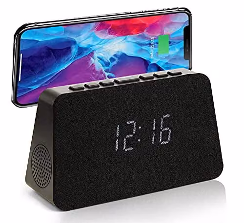 Grouptronics GTQ-RENEW Wireless Charging Alarm Clock Radio with FM Radio and USB Charging, Black with Black Cloth Screen