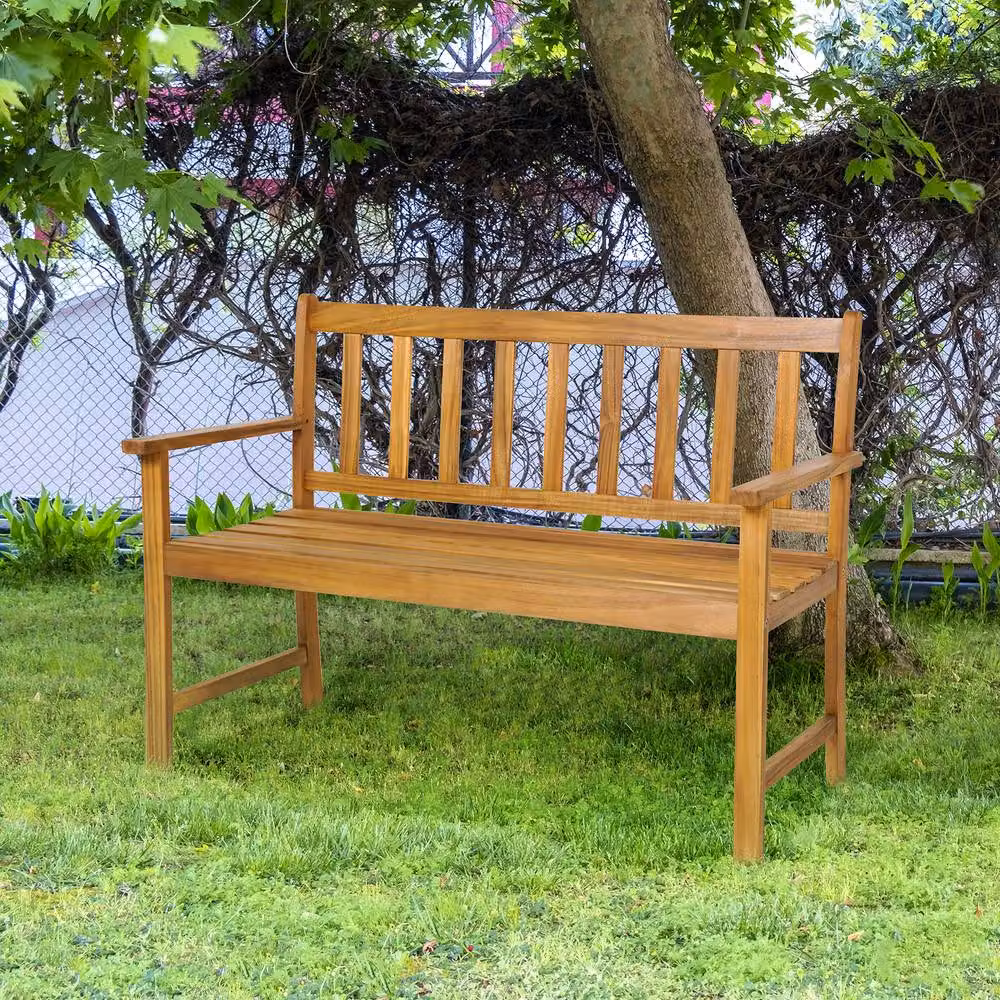 Costway 2-Person Acacia Wood Garden Bench with Armrests in Natural Brown – 2