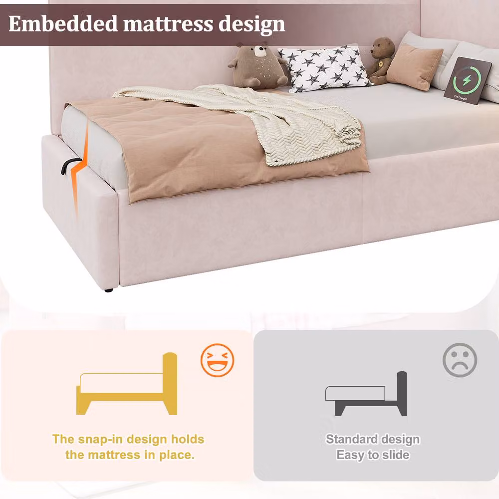 Rolipo Pink Velvet Single Daybed with Hydraulic Storage, USB Charging Port and Integrated Reading Light, W/D/H: 90 x 190 cm – 3