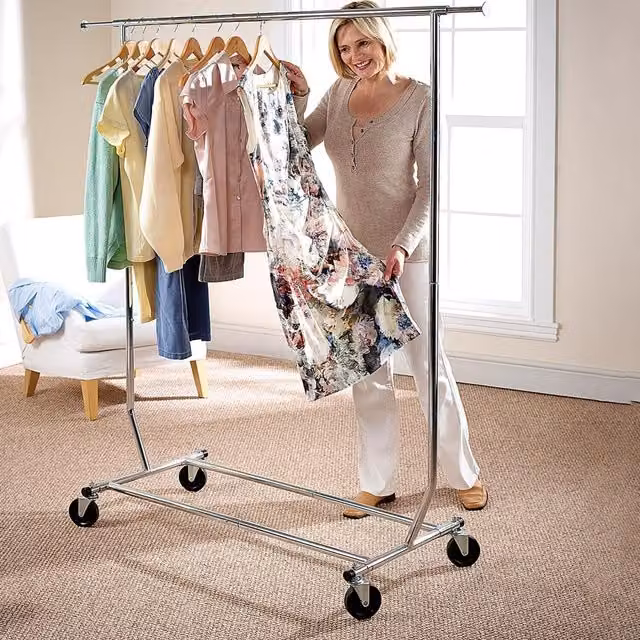 Silver Folding Metal Garment Rack with Wheels and Cover