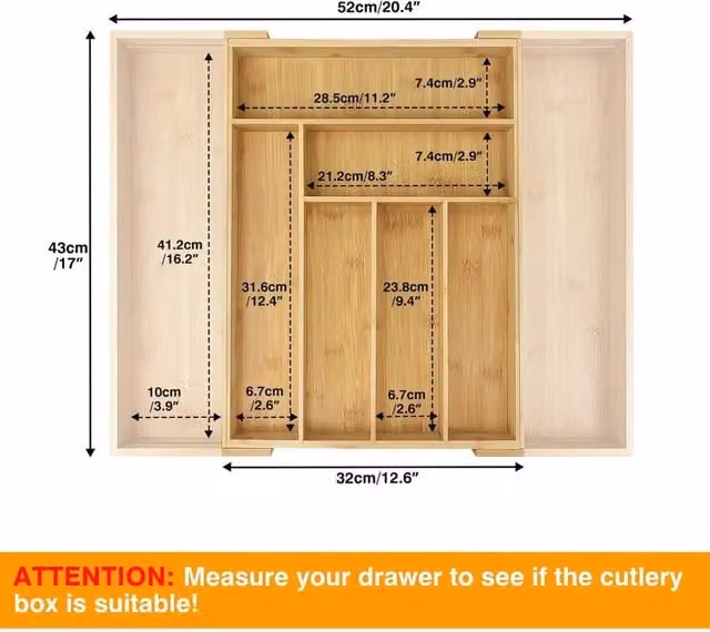 FLAVORA Bamboo Extendable Cutlery Tray in Natural Brown and Sand, W/D/H: 32 x 43 x 43 cm to 52 x 43 x 43 cm