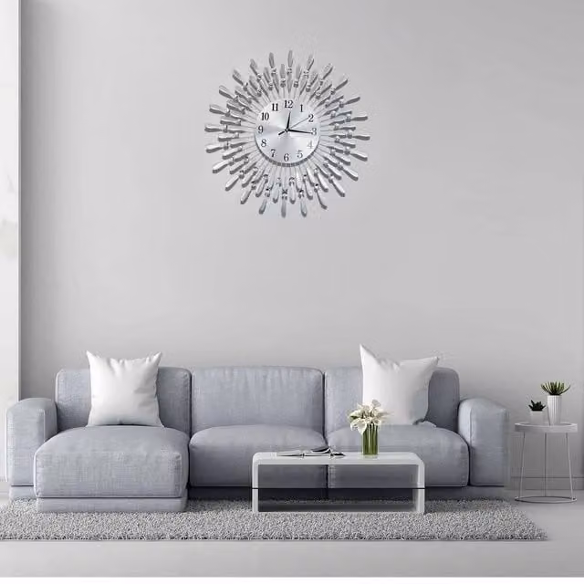 EONLION Silver Diamante Beaded Crystal Round Quartz Wall Clock