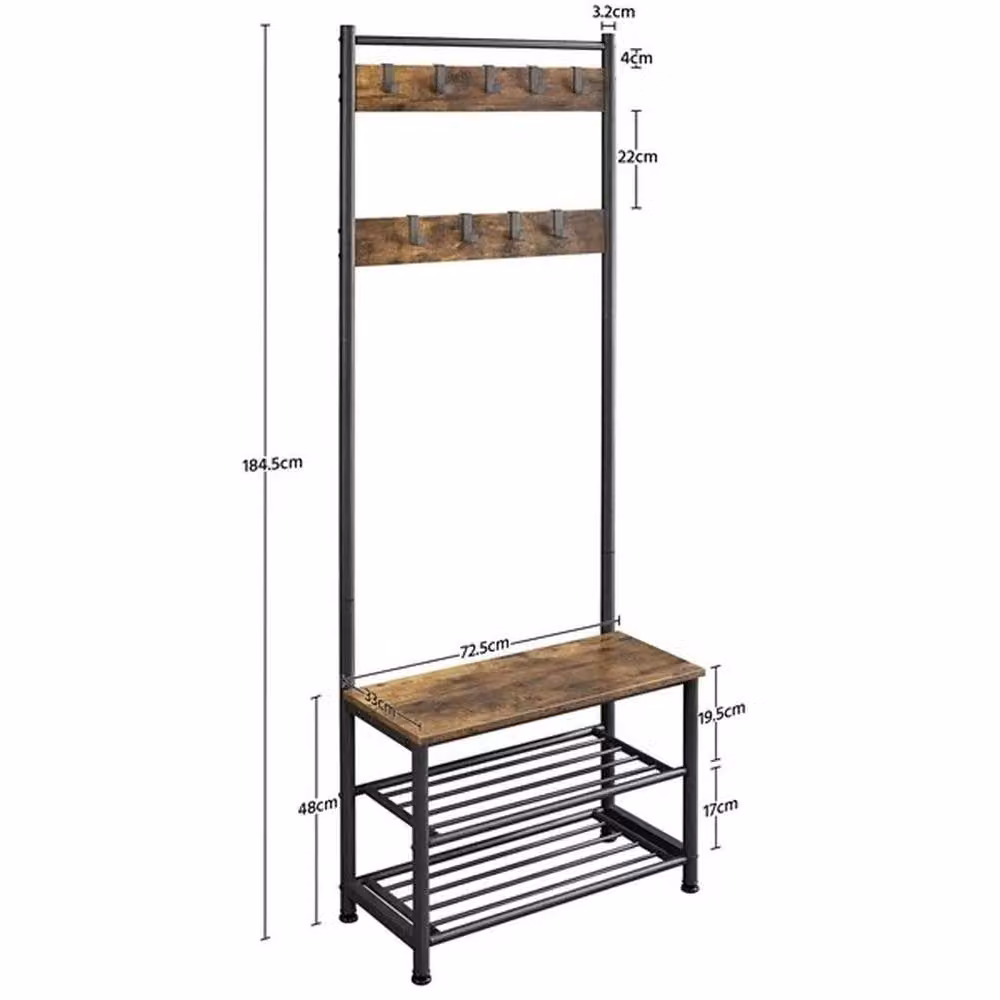 EONLION Industrial Hall Tree with 3-Tier Shoe Bench and Coat Rack in Brown – 2