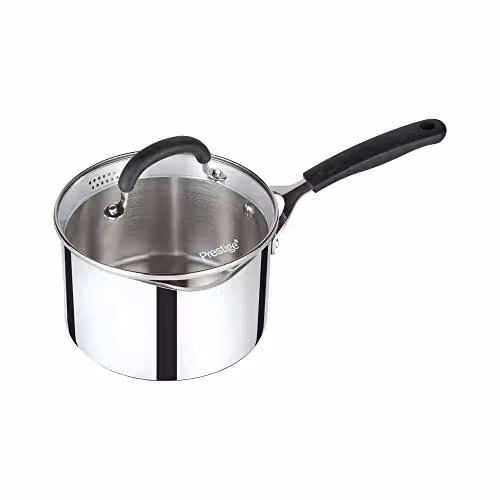 Prestige Made To Last Stainless Steel Saucepan with Straining Glass Lid and Silicone Handles, Silver, Diameter: 18 cm