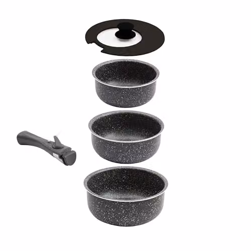 Coopers of Stortford Nesto Set of Three Multicolour Nesting Aluminium and Ceramic Saucepans with Universal Lid and Removable Handle