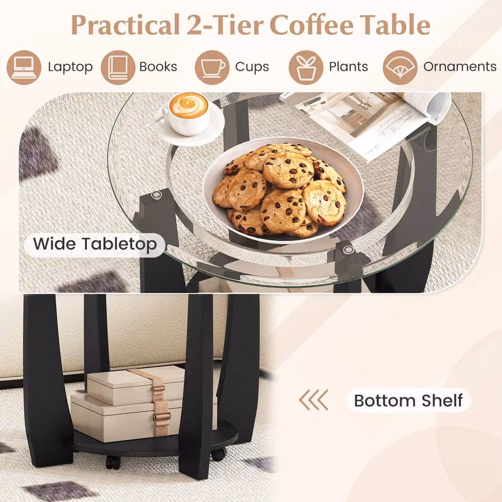 Costway 2-Tier Round Glass Coffee Table with Storage Shelf and Castors in Black – 4