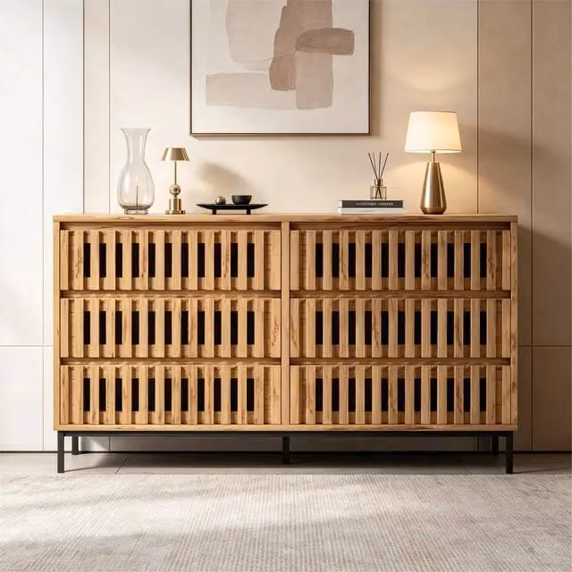 Rolipo Brown Wooden 6 Drawer Handleless Sideboard Storage Cabinet – 1