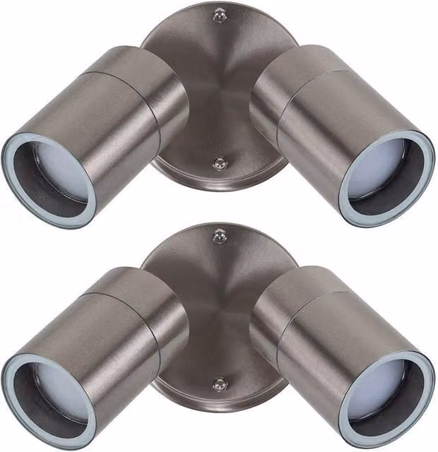 MiniSun Set of 2 Modern Stainless Steel Twin Outdoor Wall Spotlights in Silver – 1