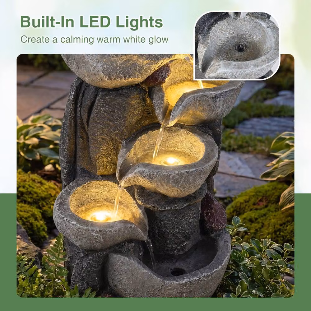 Gymax Grey Tabletop Outdoor Water Fountain with LED Lights and Cascading Round Bowl – 6