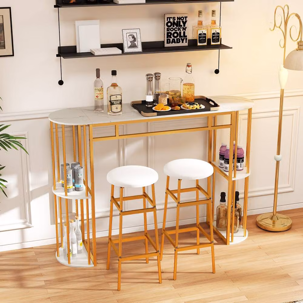 Gymax Modern Narrow Long Bar Table with White Faux Marble Composite Tabletop – 2