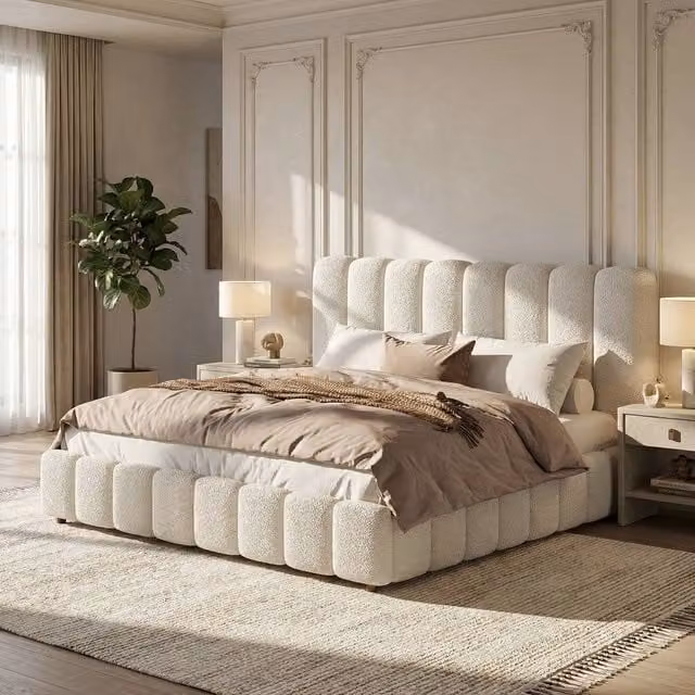 Merax White Bouclé Upholstered Ottoman Bed, W/D/H: 180 x 200 x 102.5 cm – 1
