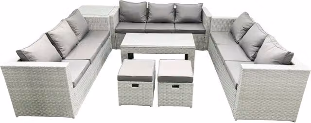 Fimous 11 Seater Rattan Garden Furniture Set in Light Grey with Oblong Coffee Table and Ottomans
