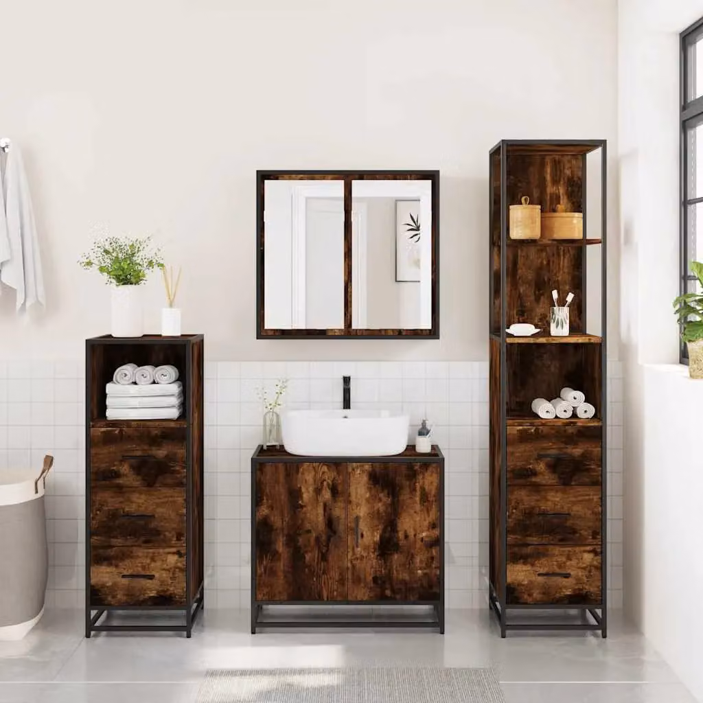 Berkfield Home 4-Piece Industrial Bathroom Furniture Set in Smoked Oak and Brown – 2