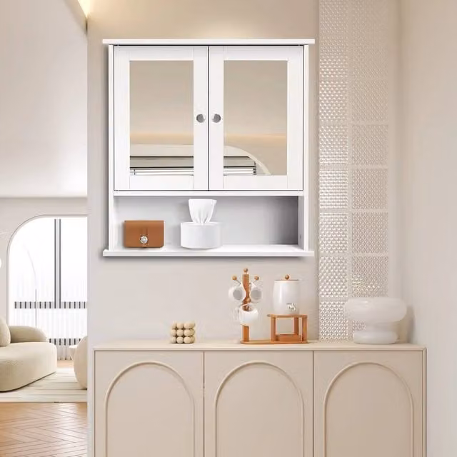 FORGEVIO Modern White MDF Bathroom Cabinet with Double Mirror Hinged Doors