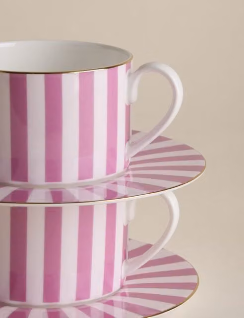 M&S Bone China Striped Cups and Saucers Set of 2 in Pink and Gold