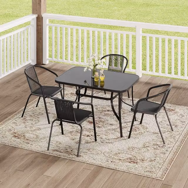 Komore Black Rectangular Outdoor Patio Set with Glass Top Table and Four Polyrattan Chairs