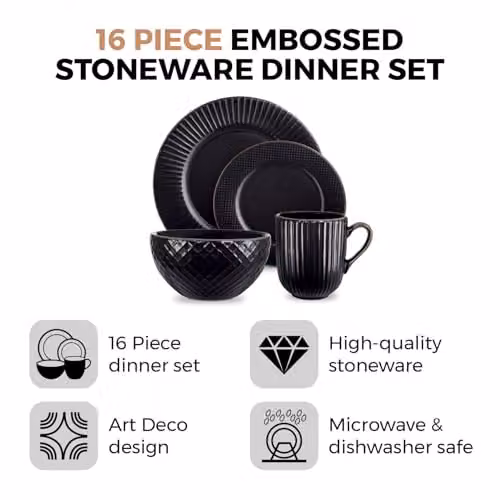 Tower Empire 16 Piece Geometric Stoneware Dinnerware Set in Black and Bronze – 2