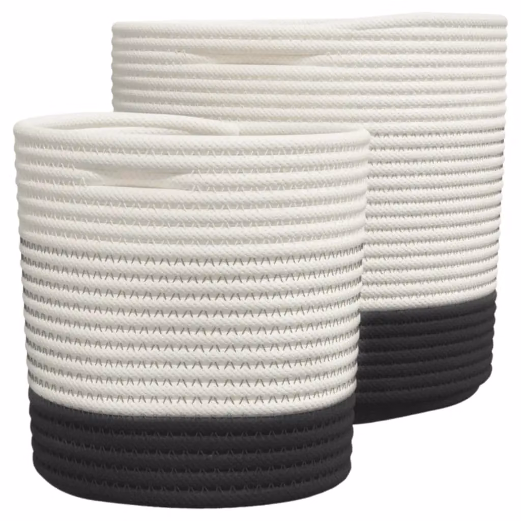 Berkfield Set of 2 Open Weave Cotton Storage Baskets in White and Black with Handles – 3