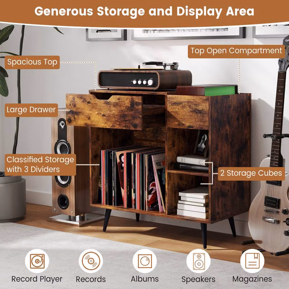 Gymax Brown Wooden Record Player Stand with Power Strip and 3 Media Dividers – 2