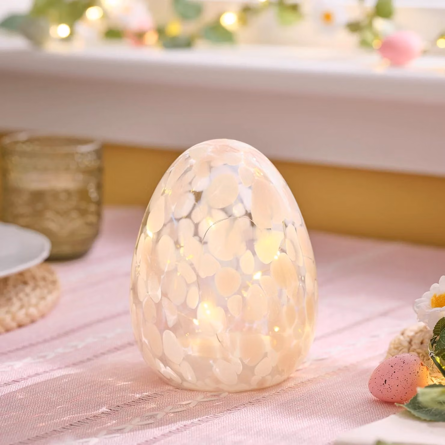 Lights4fun Blush Pink Confetti Glass Easter Egg Tabletop Light