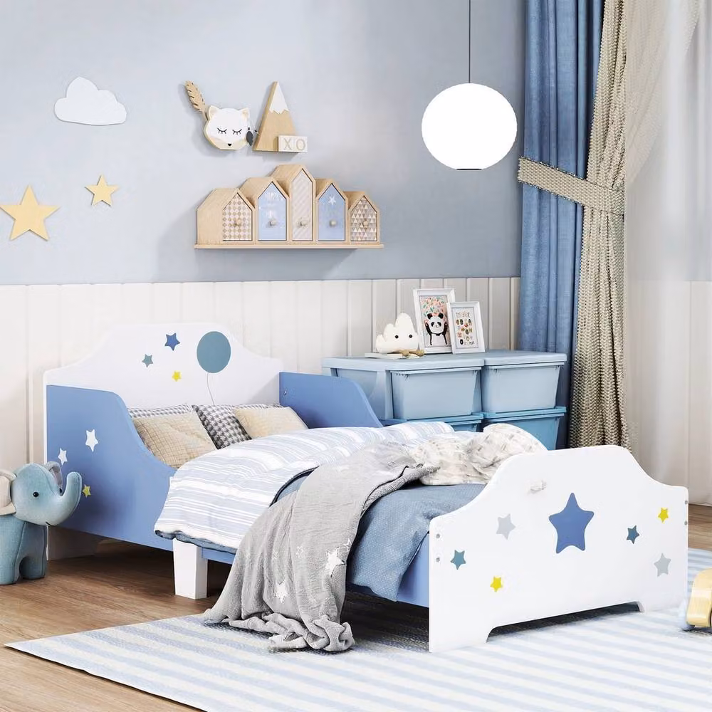VOGREX Kids Star Balloon Single Bed Frame with Guardrails and Slats in Blue and White, 70 x 140 cm – 2